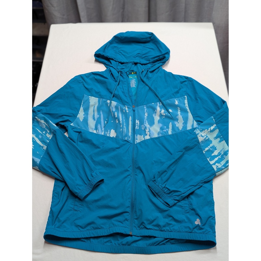 Tek Gear Mens Teal Blue Abstract Print Full Zip Hooded Windbreaker Jacket Size M